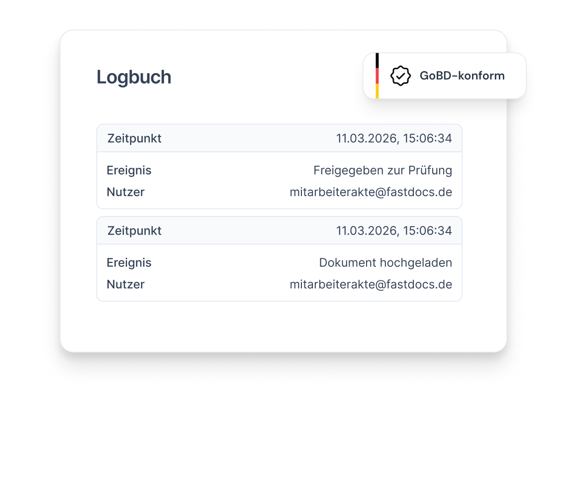 Logbuch in der Mitarbeiterakte mit Einträgen zu hochgeladenen und freigegebenen Dokumenten sowie GoBD-Konformitätsnachweis